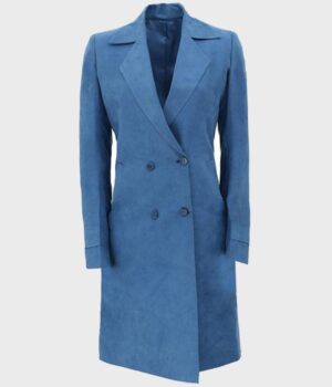  	Womens Blue Double-Breasted Long Coat