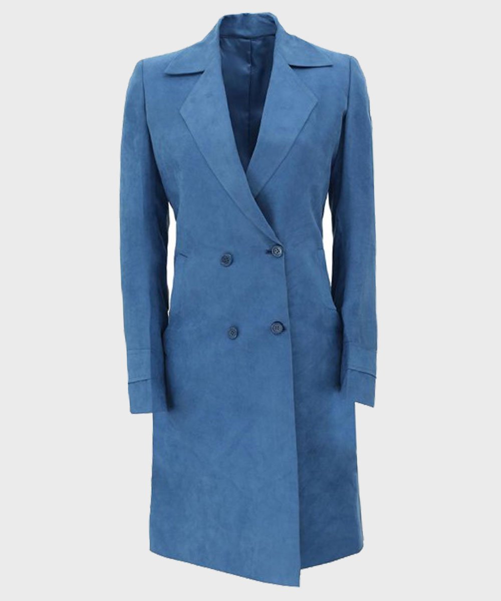 Womens Blue Double-Breasted Long Coat Womens Blue Double-Breasted Long Coat