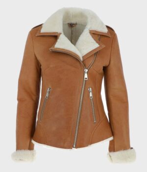  	Jacqueline Tan Brown Shearling Suede Biker Jacket