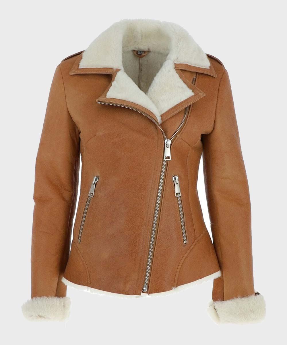 Jacqueline Tan Brown Shearling Suede Biker Jacket Jacqueline Tan Brown Shearling Suede Biker Jacket
