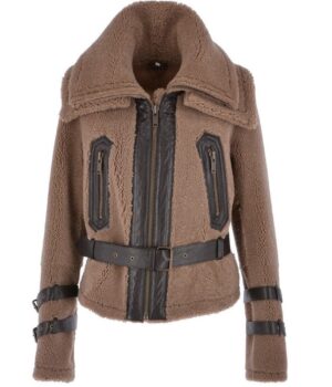  	Jenna Double-Collar Brown Shearling Fur Jacket