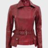 	Women’s Distressed Burgundy Biker Front Zipper Closure Jacket