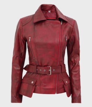  	Women’s Distressed Burgundy Biker Front Zipper Closure Jacket