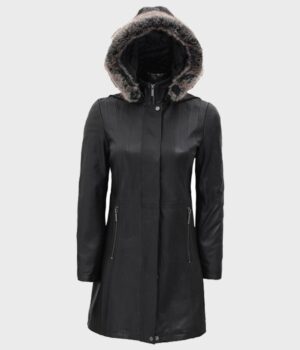  	Nancy Fur Hooded Black Leather Coat With Hood