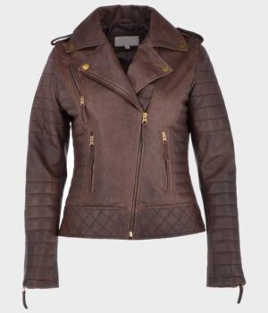  	Kara Brown Distressed Biker Leather Jacket