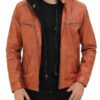  	Mens Edward Tan Leather Jacket with Hood