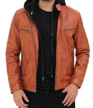  	Mens Edward Tan Leather Jacket with Hood