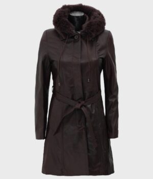  	Dark Brown Women’s Fur Hooded Leather Coat