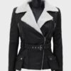  	Natalie Shearling Leather Black Belted Biker Jacket