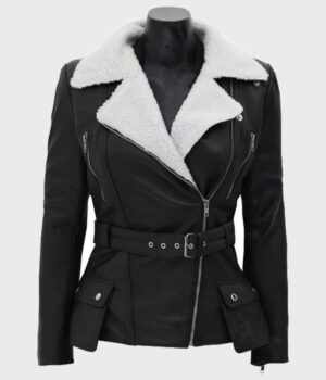  	Natalie Shearling Leather Black Belted Biker Jacket