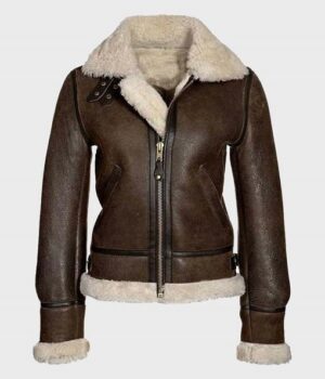 	Katie Distressed Brown Shearling Leather Jacket