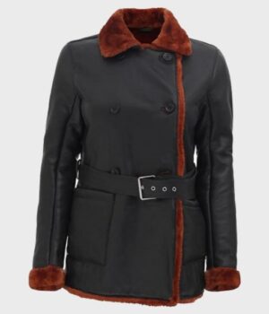  	Kristina Black Belted Soft Shearling Leather Coat