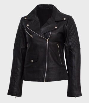  	Felicia Black Quilted Shoulder Real Leather Jacket
