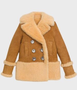  	Catherine Brown Suede Leather Shearling Fur Pea Coat