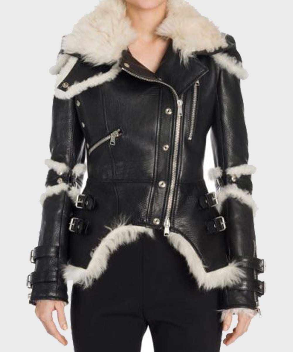 Leah Black Sheepskin Shearling Biker Jacket Leah Black Sheepskin Shearling Biker Jacket