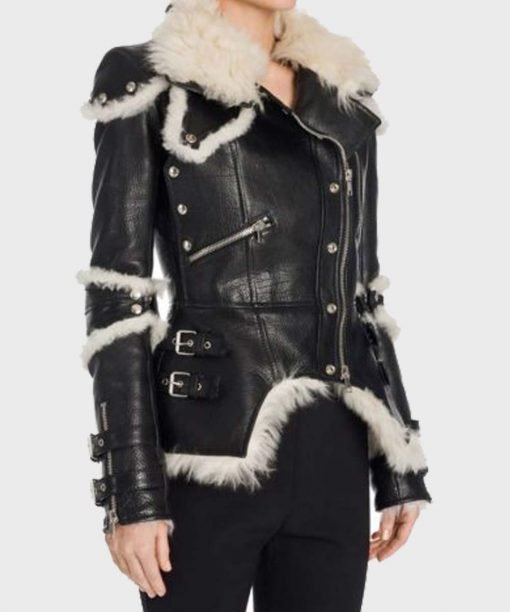 Leah Black Sheepskin Shearling Biker Jacket Leah Black Sheepskin Shearling Biker Jacket