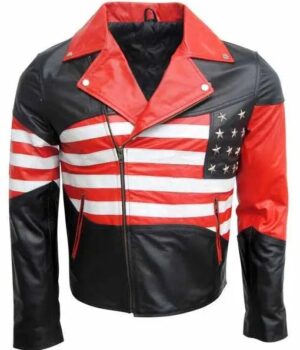  	American Flag Lapel Style Collar Red & Black Leather Jacket