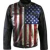  	Men and Women Vintage USA Flag Biker Black Leather Jacket