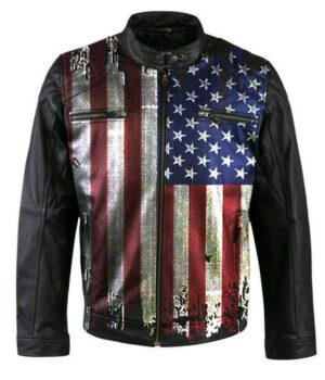  	Men and Women Vintage USA Flag Biker Black Leather Jacket