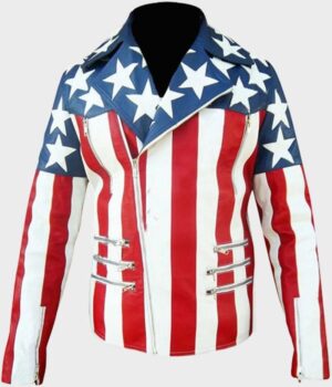  	USA Flag Leather Jacket Notch Collar