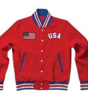  	United States Flag Red Letterman Bomber Jacket