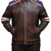  	American Flag Shoulders Brown Leather Jacket