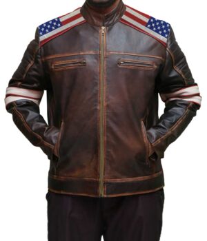  	American Flag Shoulders Brown Leather Jacket