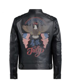  	Bald Eagle USA Flag Printed Black Leather Jacket
