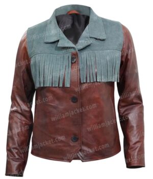  	Maeve Wiley Sex Education Fringe Brown Genuine Leather Jacket