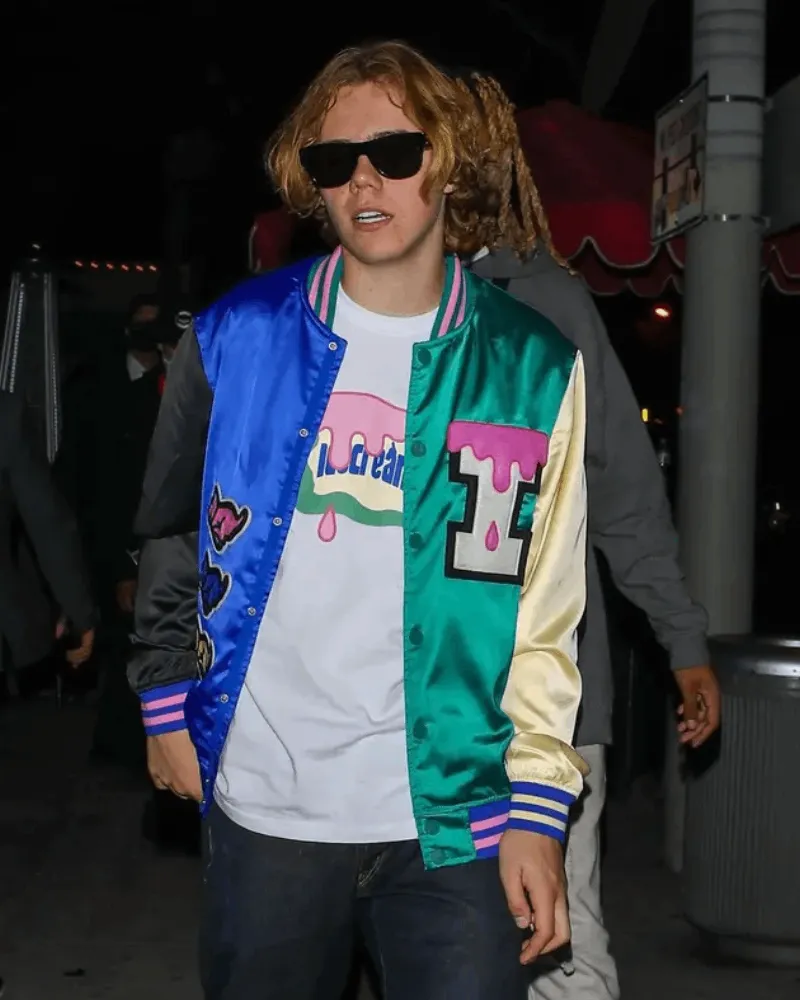 The Kid Laroi Blue and Green Varsity Bomber Jacket The Kid Laroi Blue and Green Varsity Bomber Jacket