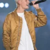  	Justin Bieber Brown Satin Varsity Bomber Jacket