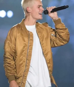  	Justin Bieber Brown Satin Varsity Bomber Jacket