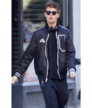  	Ansel Elgort Baby Driver Black Bomber Letterman Jacket