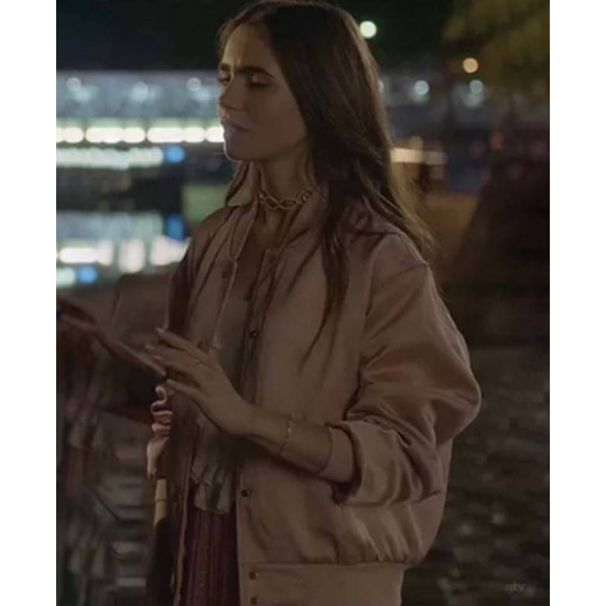 Lily Collins Emily In Paris Emily Cooper Pink Bomber Jacket Lily Collins Emily In Paris Emily Cooper Pink Bomber Jacket