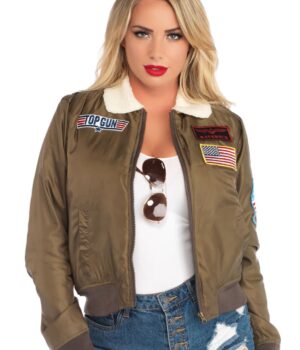  	Top Gun Green Patches Cropped Bomber Satin Sherpa Jacket