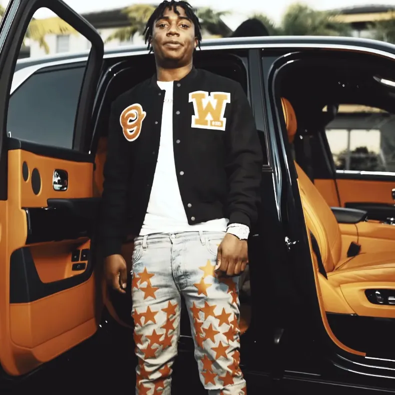 Rapper Fredo Bang 4’s up College Style Black Varsity Jacket Rapper Fredo Bang 4’s up College Style Black Varsity Jacket