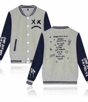  	Lil Peep Sad Face Grey Blue Letterman Varsity Jacket
