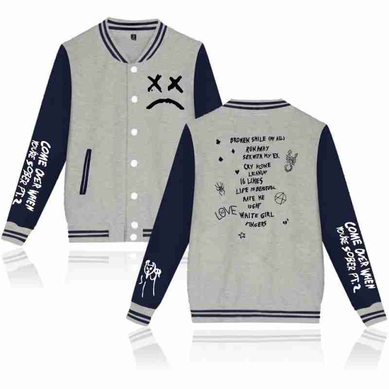 Lil Peep Sad Face Grey Blue Letterman Varsity Jacket Lil Peep Sad Face Grey Blue Letterman Varsity Jacket