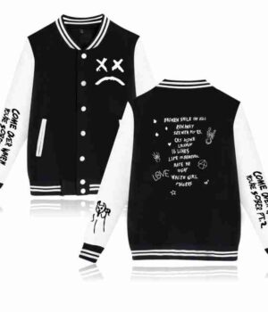  	Lil Peep Sad Face Black and White Letterman Varsity Jacket