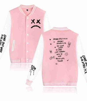  	Lil Peep Sad Face Baseball Pink Varsity Jacket