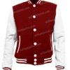  	Mens University Maroon and White Wool Baseball Varsity Jacket