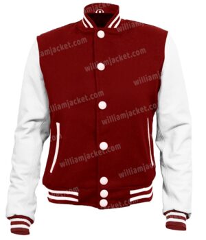  	Mens University Maroon and White Wool Baseball Varsity Jacket