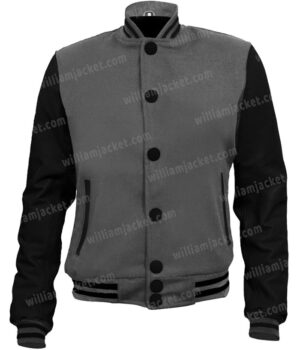 	Mens College Button Up Grey Letterman Bomber Jacket