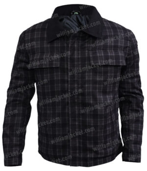  	Mens Wool Blend Zip Up Black Plaid Trucker Jacket