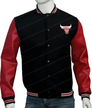  	Mens Letterman Chicago Bulls Wool Red & Black Jacket