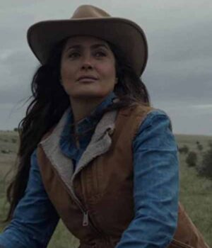  	The Eternals Salma Hayek Suede Leather Brown Shearling Vest