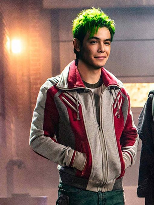 Titans Ryan Potter Beast Boy Red and Grey Bomber Jacket Titans Ryan Potter Beast Boy Red and Grey Bomber Jacket
