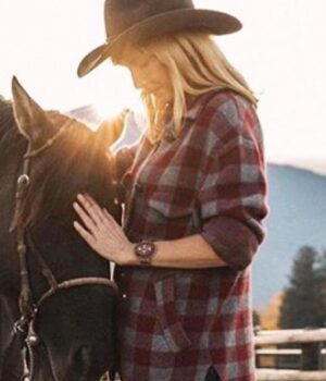  	Yellowstone Kelly Reilly Red and Grey Plaid Wool Coat