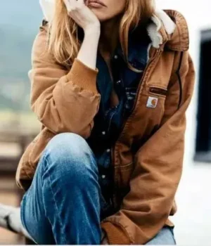  Yellowstone Kelly Reilly Brown Fur Collar Hooded Jacket