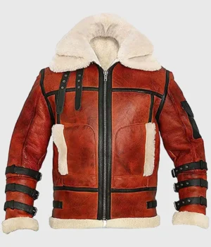 Pry Double Collar B-3 Shearling Red Leather Aviator Jacket